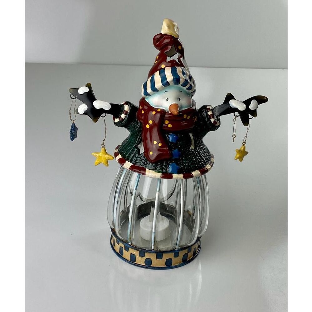 Christmas Holiday Snowman Metal/Glass Tea Light Candle Holder Winter 11in Tall C